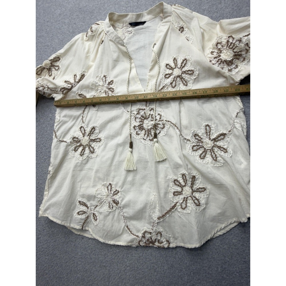 Zara Womens Medium White Embroidered Boho Peasant Tunic Top Cotton Long Sleeve - Picture 6 of 12